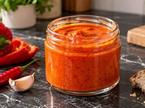 Rote Mojo-Sauce im Einmachglas, umgeben von Paprika, Chili und Knoblauch