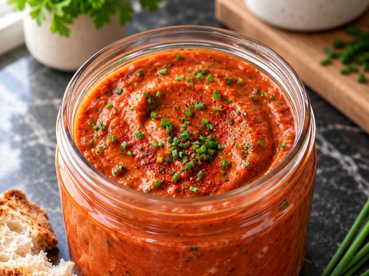 Nahaufnahme der cremigen roten Sauce zu Fondue mit sichtbaren Schnittlauchröllchen