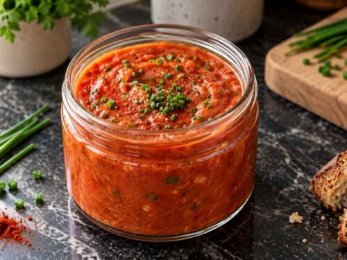 Rote Sauce zu Fondue in einer Schüssel, umgeben von Fleischspießen zum Fondueabend