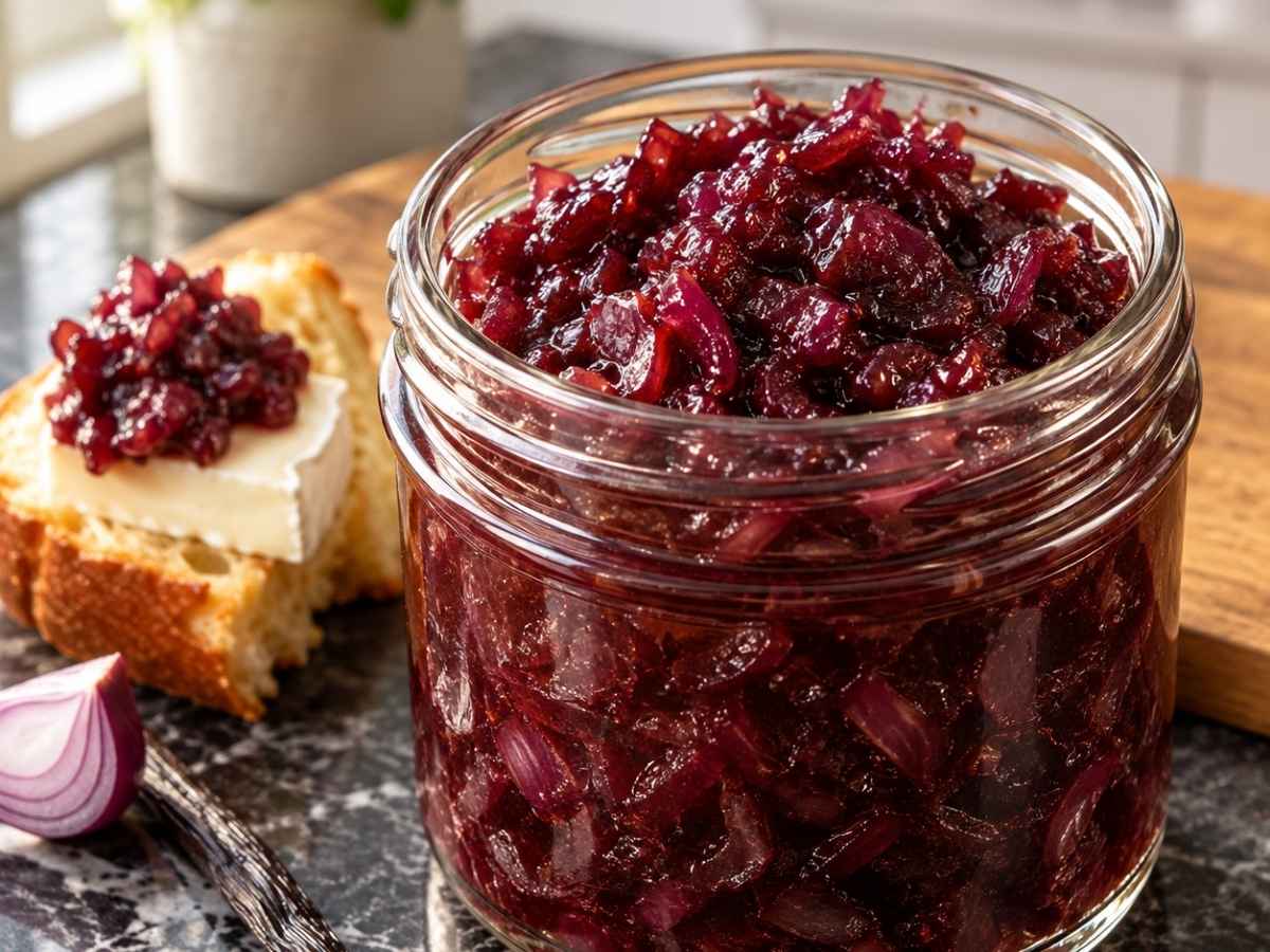 Nahaufnahme von Rote Zwiebel Marmelade mit Vanille auf Brioche mit Käse
