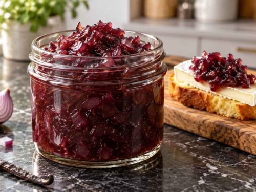 Rote Zwiebel Marmelade mit Vanille im Schraubglas mit Brioche und Bergkäse