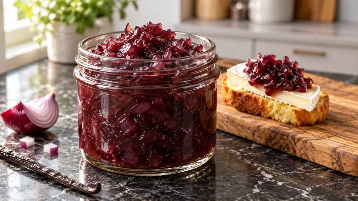 Rote Zwiebel Marmelade mit Vanille im Schraubglas mit Brioche und Bergkäse