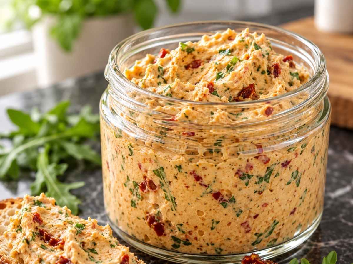 Nahaufnahme von cremigem Rucola-Tomaten-Dip mit roten Tomatenstückchen und grünen Rucola-Sprenkeln auf einem Löffel