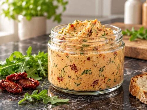 Rucola-Tomaten-Dip Rucola-Tomaten-Dip in einer weißen Schale, umgeben von Baguettescheiben, Möhren- und Gurkensticks auf einem Holztisch