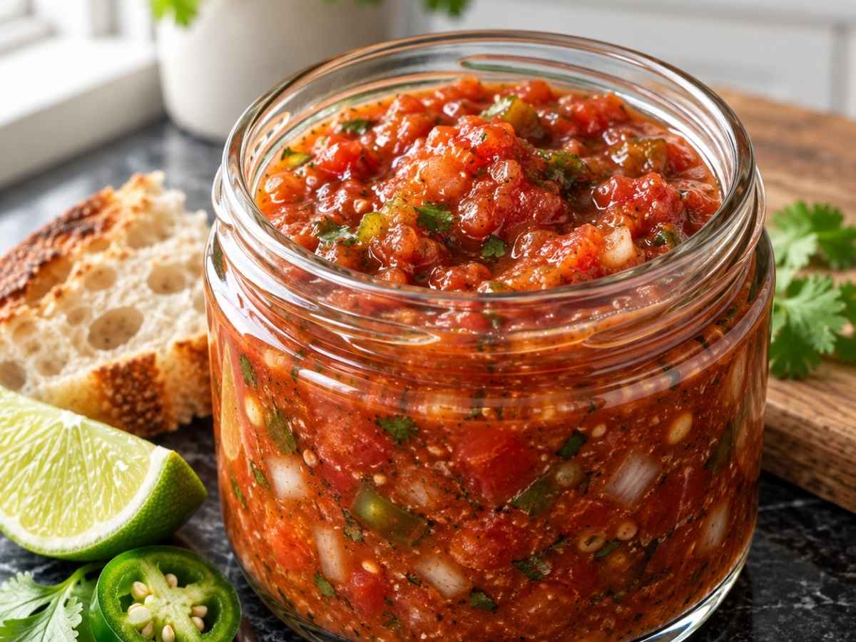 Nahaufnahme von Salsa Roja mit gehacktem Koriander und Chili