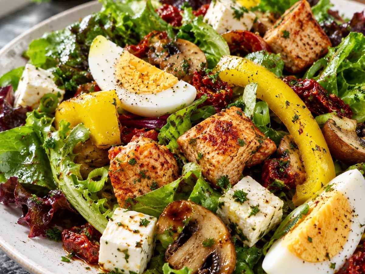 Nahaufnahme vom Sattmacher-Salat mit geviertelten Eiern, rot marinierten Putenwürfeln und Schafskäsewürfeln