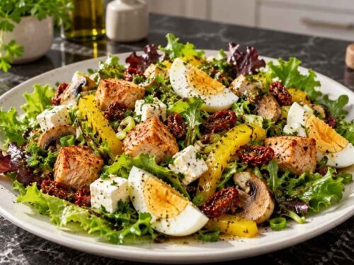 Sattmacher-Salat mit gebratener Pute, Ei, Schafskäse, gelber Paprika und Champignons in einer großen Salatschüssel