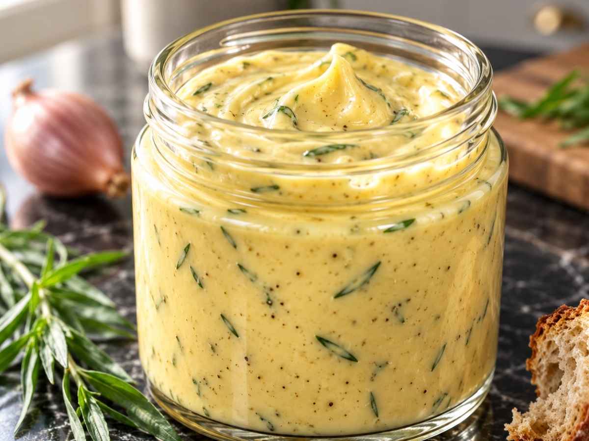 Sauce Béarnaise 2 Cremige Sauce Béarnaise mit gehacktem Estragon auf dem Löffel