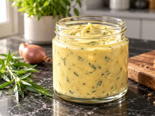 Sauce Béarnaise in einer Schüssel neben gebratenem Steak und grünem Spargel