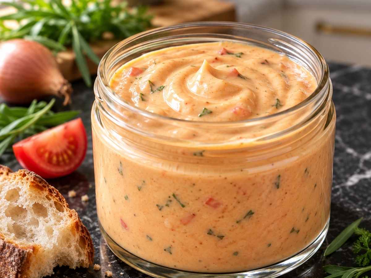 Nahaufnahme von cremiger Sauce Choron mit Estragon und Kerbel auf einem Löffel