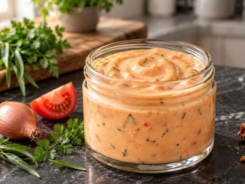 Sauce Choron Sauce Choron in einer Schale neben Rumpsteak und Kartoffeln angerichtet