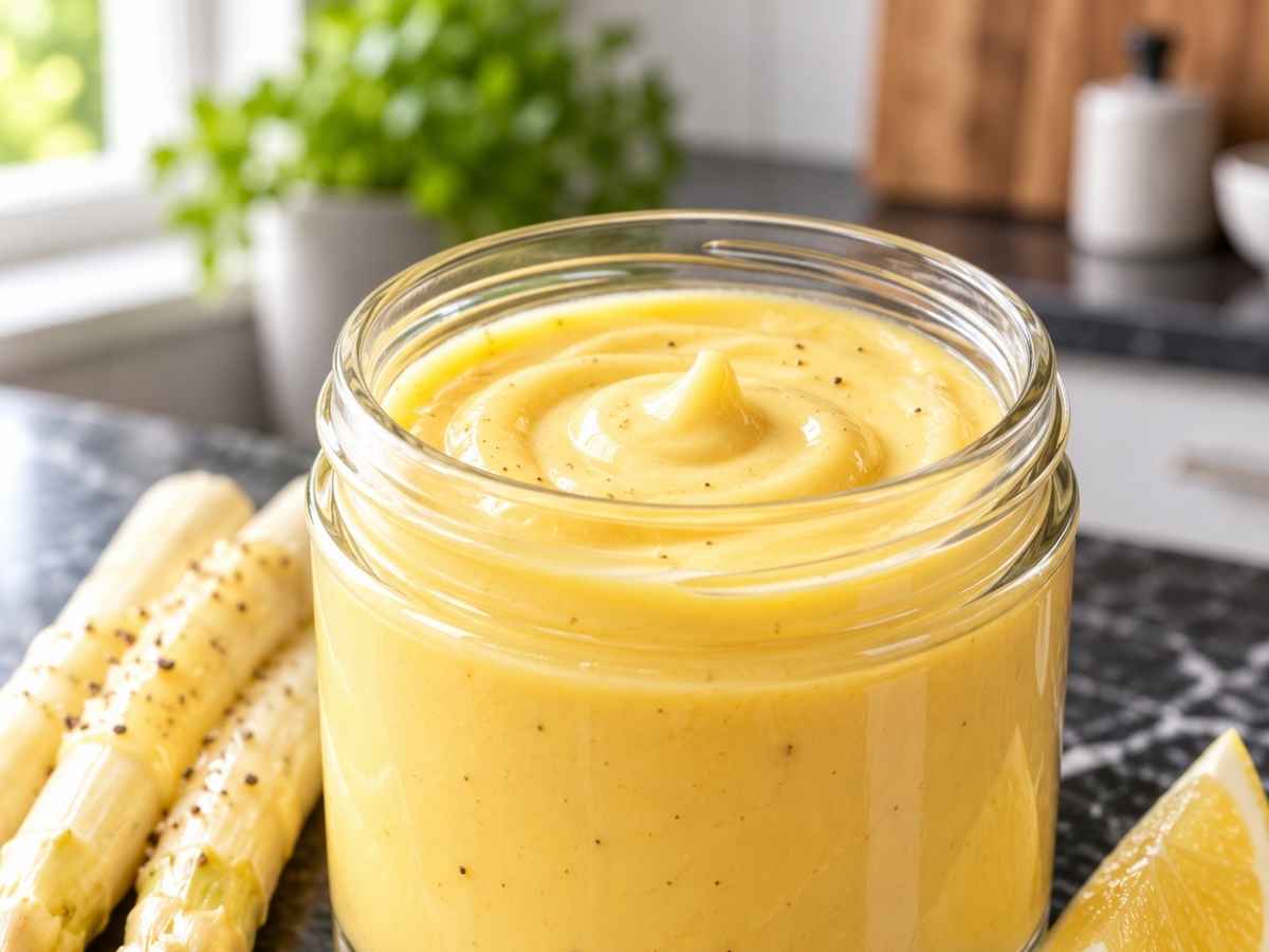 Nahaufnahme der cremigen, hellgelben Sauce Hollandaise im Löffel