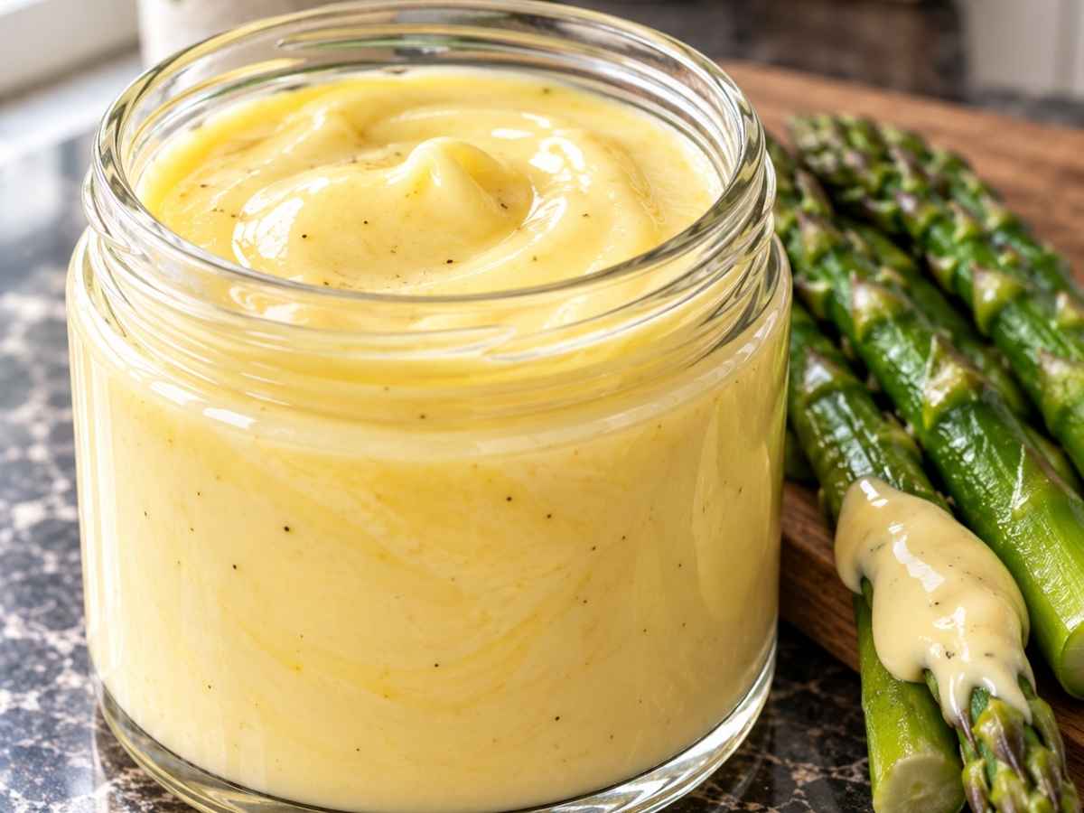 Nahaufnahme von cremiger Sauce Hollandaise, die vom Löffel läuft