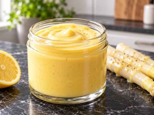 Cremige Sauce Hollandaise über grünem Spargel angerichtet