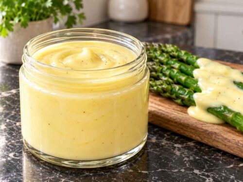 Cremige Sauce Hollandaise in einer Schale, serviert mit Spargel und Kartoffeln