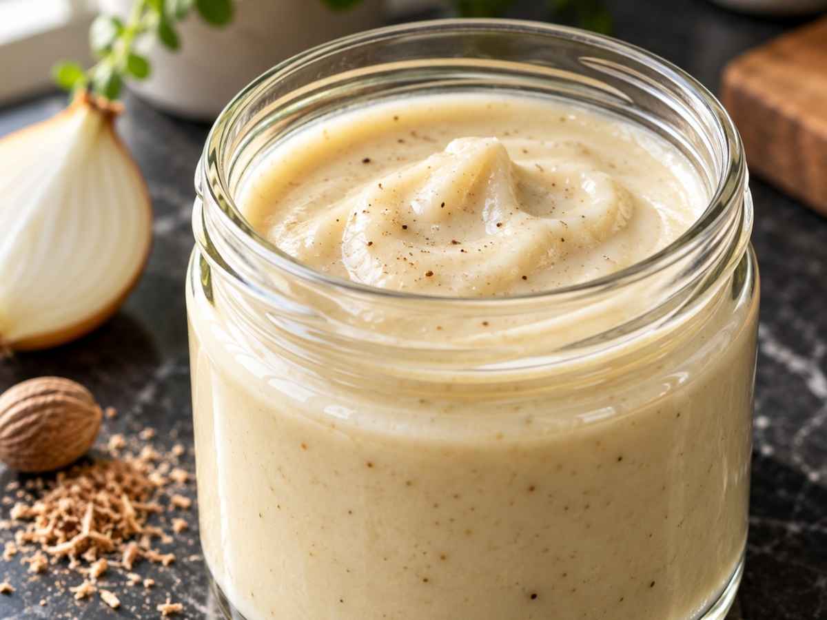 Nahaufnahme von cremiger Sauce Soubise mit fein pürierten Zwiebeln