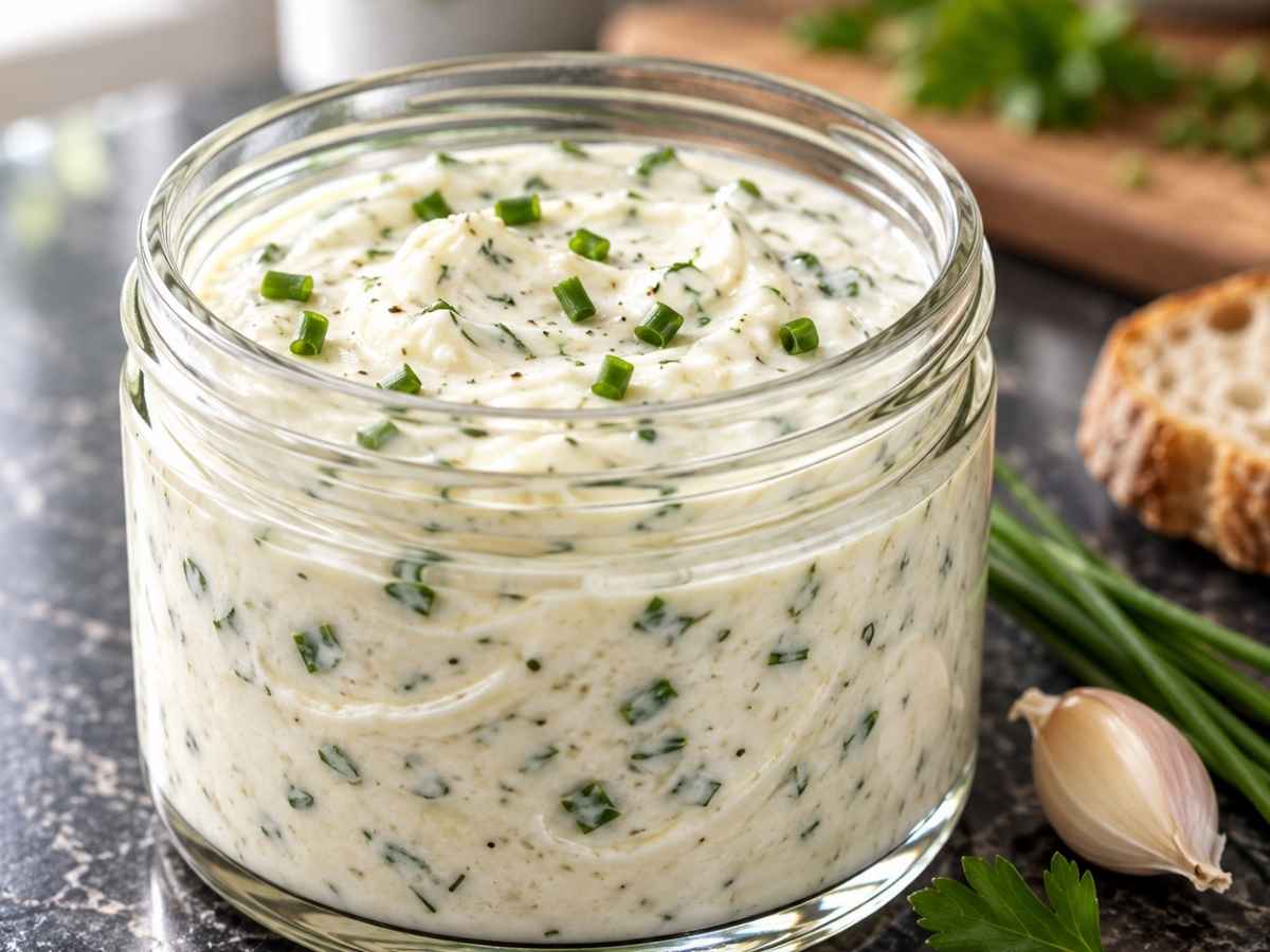 Nahaufnahme vom cremigen Saure-Sahne-Knoblauch-Dip mit Schnittlauchröllchen und gehackter Petersilie
