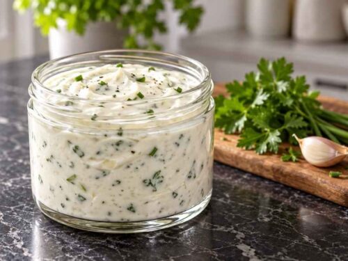Saure-Sahne-Knoblauch-Dip in einer Schale, daneben Kartoffelspalten, Gurken- und Paprikasticks auf einem Holzbrett