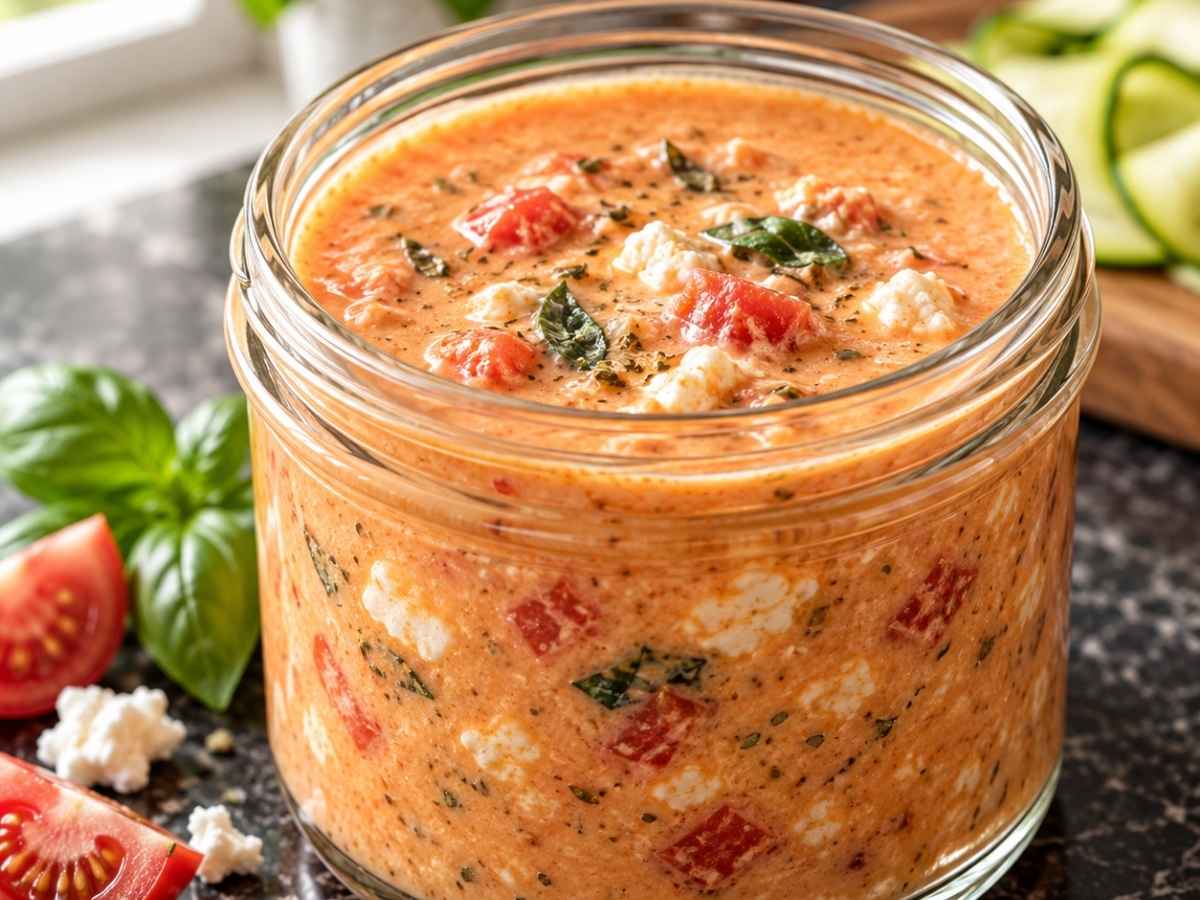 Nahaufnahme der cremigen Schafskäse-Sauce mit Tomatenstücken und Basilikum