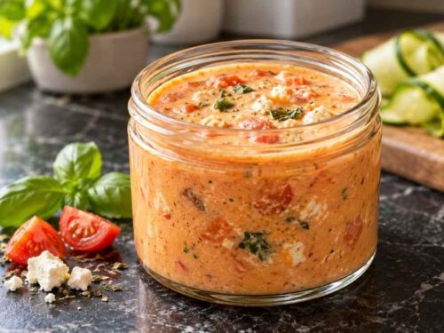 Cremige Schafskäse-Sauce über Gemüsenudeln in einer Schüssel