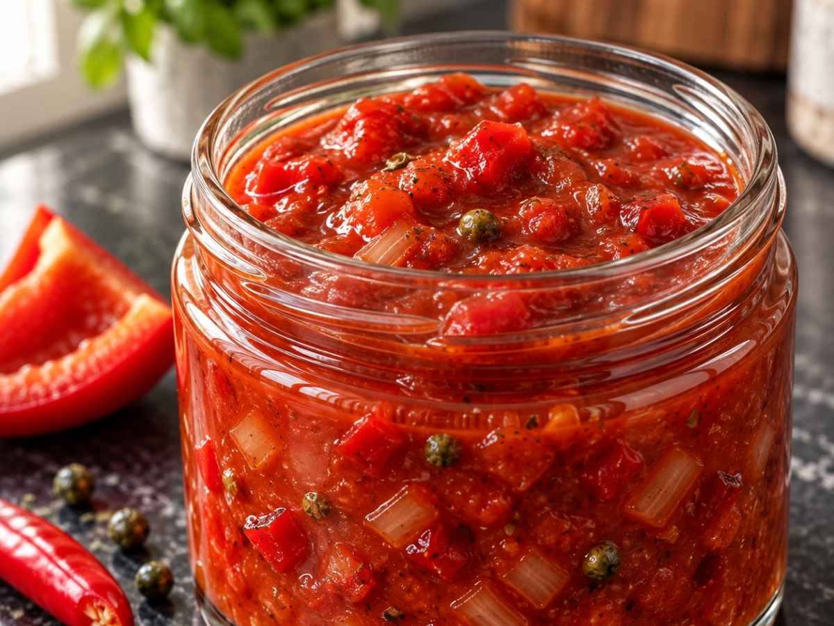 Schaschlik-Sauce 2 Nahaufnahme der cremig angedickten Schaschlik-Sauce mit Paprikastückchen