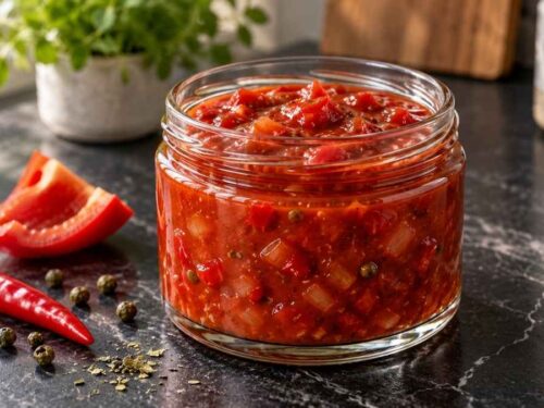 Schaschlik-Sauce in Schraubglas mit Fleischspießen vom Grill