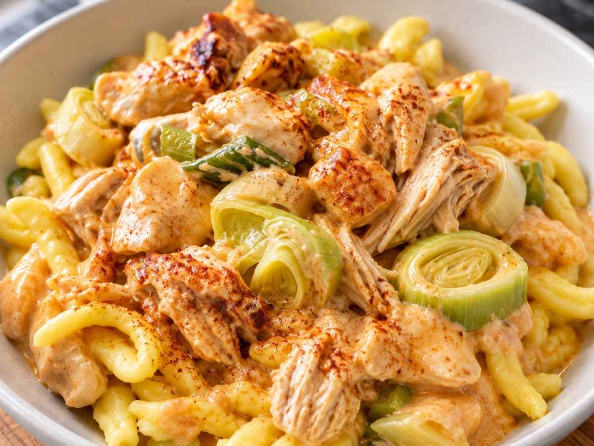 Nahaufnahme von zerzupftem Hähnchen und Porreeringen in Paprikasoße mit Crème fraîche auf Spätzle