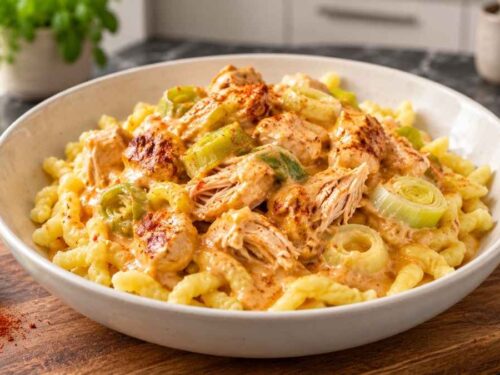 Schnelles Pulled-Chicken-Gulasch mit Porree in cremiger Paprikasoße im Topf, daneben ein Teller mit Spätzle