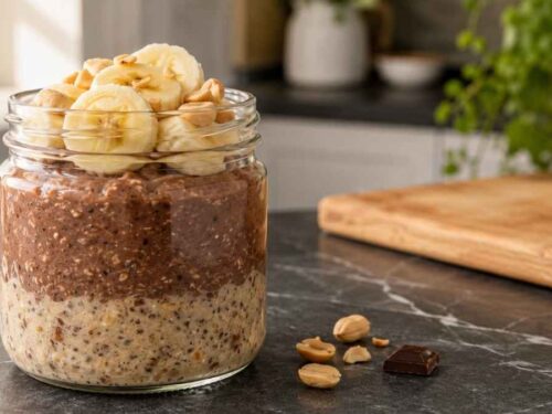 Schoko-Erdnuss-Oats in Gläsern mit Bananenscheiben und Erdnüssen garniert