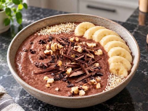 Schoko-Haselnuss-Smoothie Bowl mit Kakaonibs in einer Schale, garniert mit Bananenscheiben und Kakaonibs