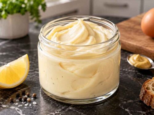 Cremige selbstgemachte Mayonnaise im Schraubglas neben frisch gemachten Pommes