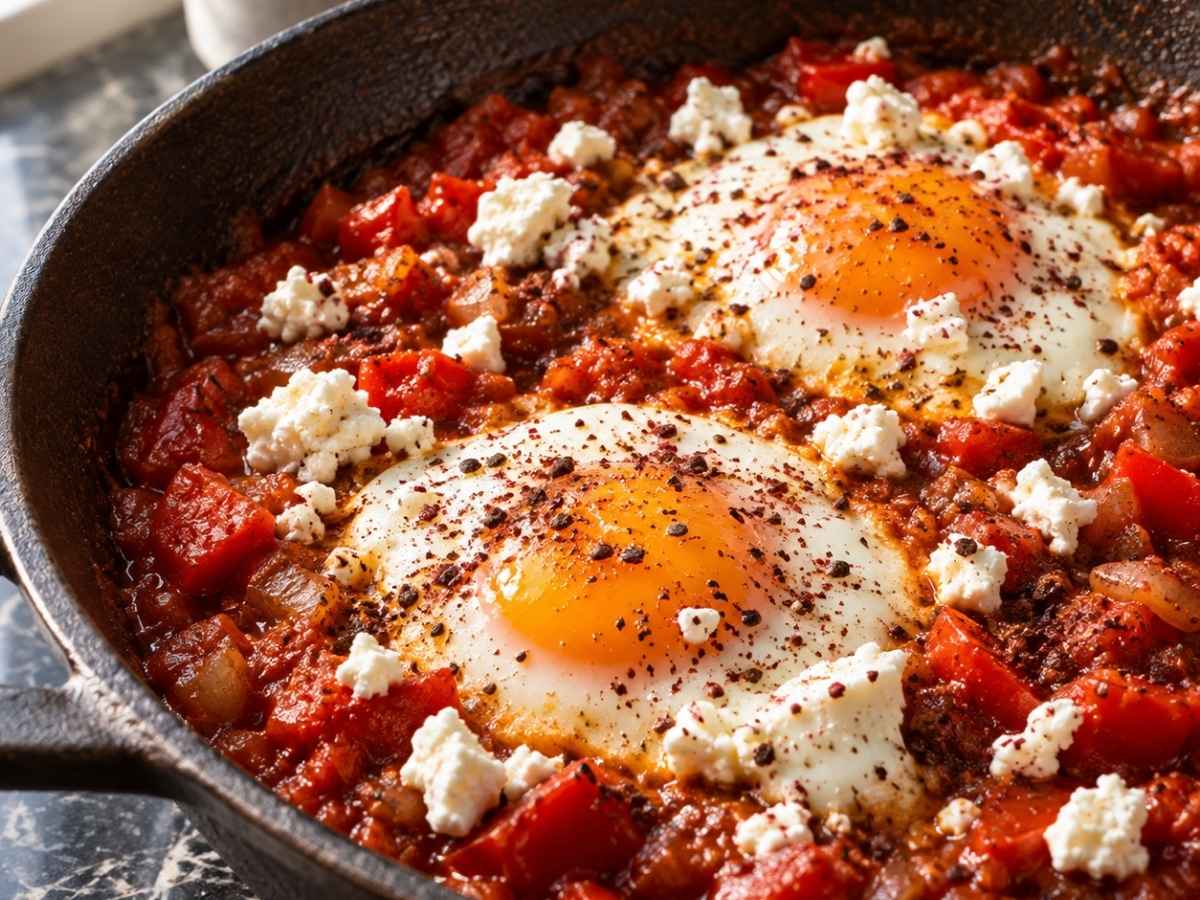 Nahaufnahme eines pochierten Eis in würziger Shakshuka-Sauce mit zerbröckeltem Ziegenkäse