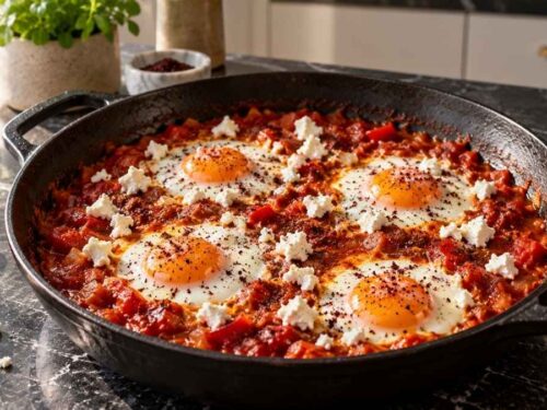 Shakshuka mit Ziegenkäse in einer Pfanne, mit pochierten Eiern und würziger Tomatensauce