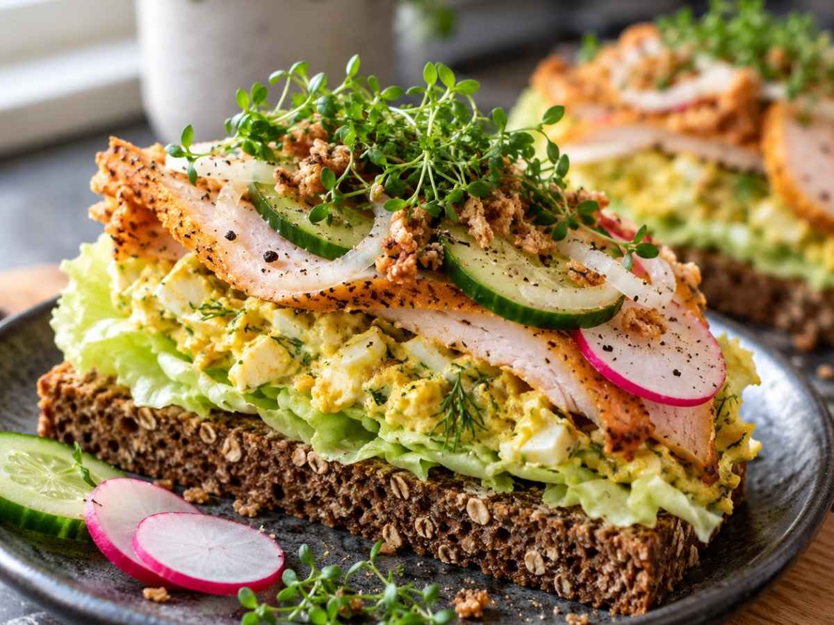 Nahaufnahme einer Scheibe Smörrebröd mit dünn geschnittener Putenbrust, cremigem Spread und frischen Radieschen