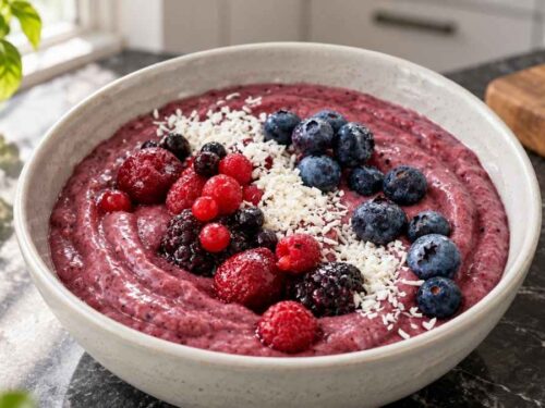 Zwei Schalen Smoothie Bowl mit Beeren, garniert mit Heidelbeeren und Kokosflocken auf dem Frühstückstisch