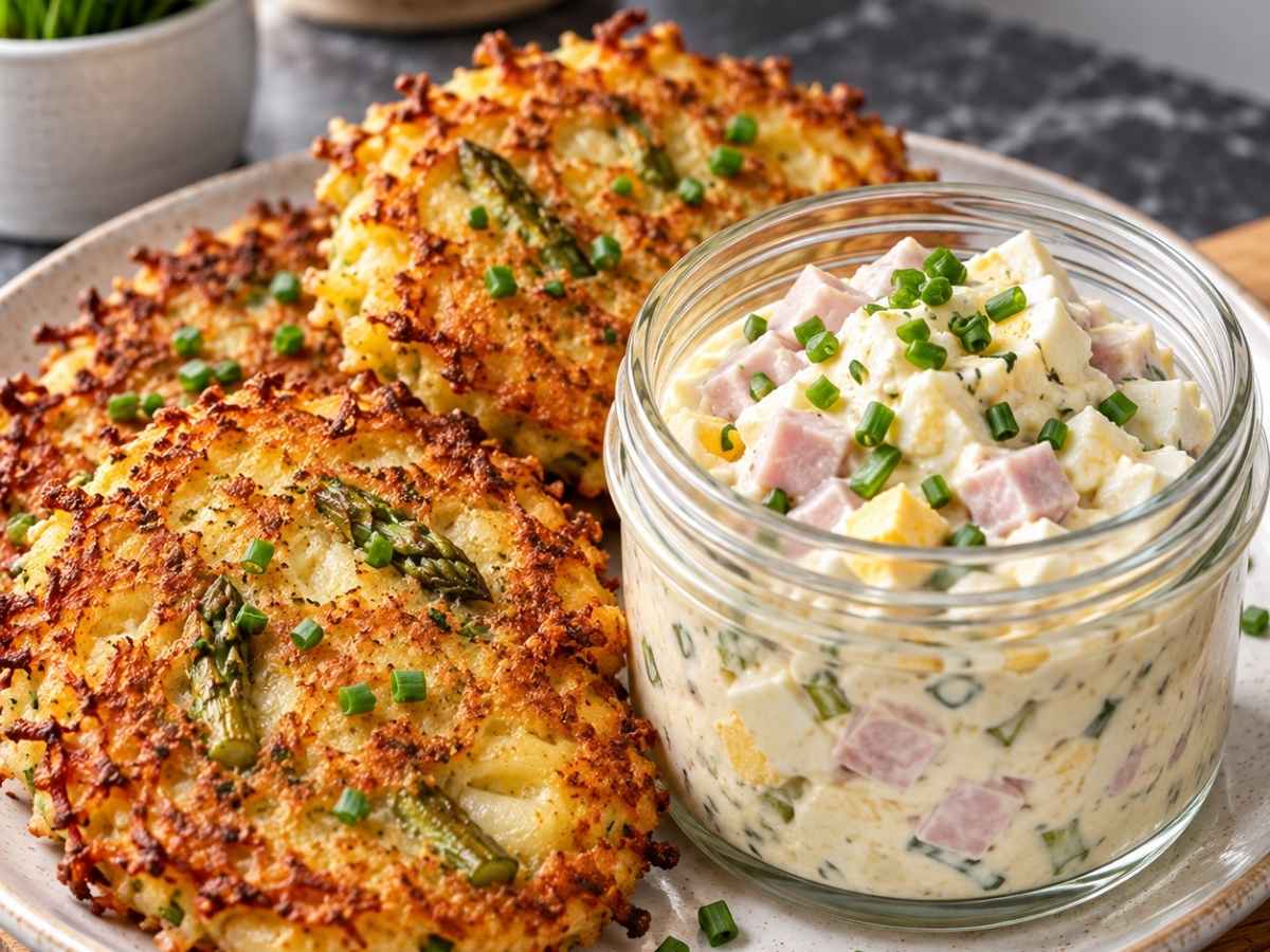 Nahaufnahme einer knusprigen Spargel-Kartoffel-Rösti mit Schinken-Ei-Dip
