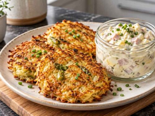 Spargel-Kartoffel-Rösti mit Schinken-Ei-Dip, angerichtet mit grünem Salat