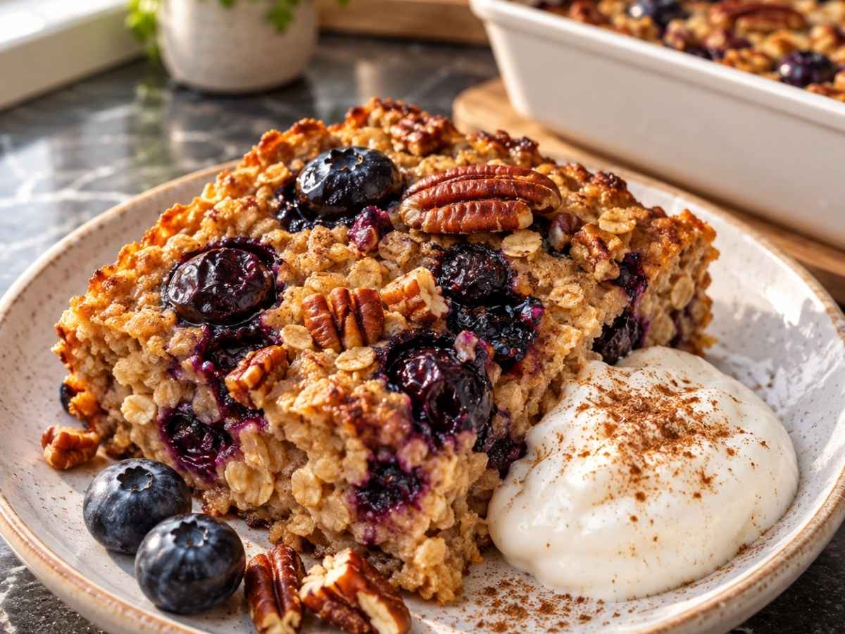 Nahaufnahme eines Stücks Baked Oats mit Heidelbeeren und Pecannüssen auf einem Teller mit Naturjoghurt und Zimt, saftige Beerenschicht in der Mitte sichtbar