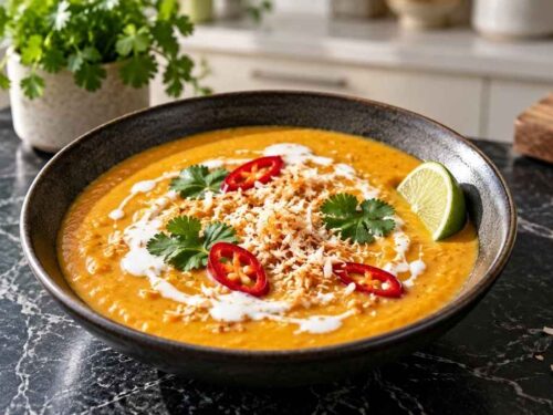 Süßkartoffel-Linsen-Kokosnuss-Suppe in mehreren Schüsseln mit Kokosmilch, Koriander, Chiliringen und Limettenspalten