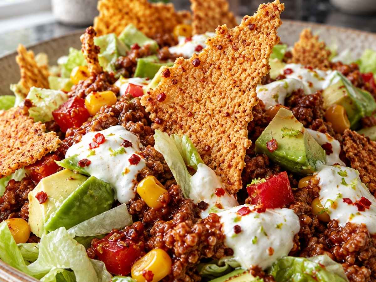 Nahaufnahme vom Tex-Mex-Salat mit knusprigen Parmesan-Nachos, Avocadowürfeln und Limetten-Knoblauch-Creme