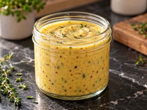 Thymian-Honig-Dressing in einer Glasflasche neben frischem Blattsalat