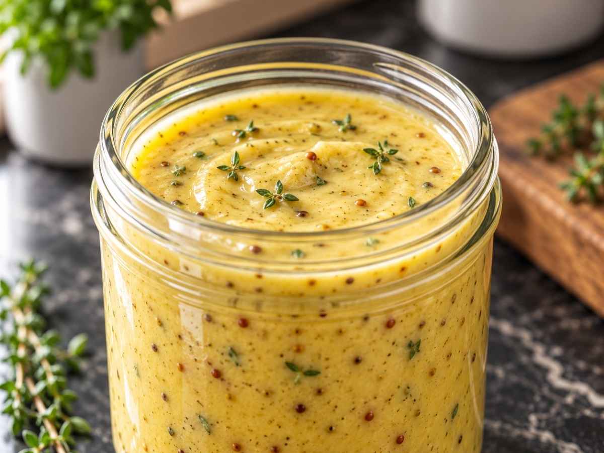 Thymian-Honig-Dressing 2 Cremiges Thymian-Honig-Dressing wird über einen Blattsalat gegossen