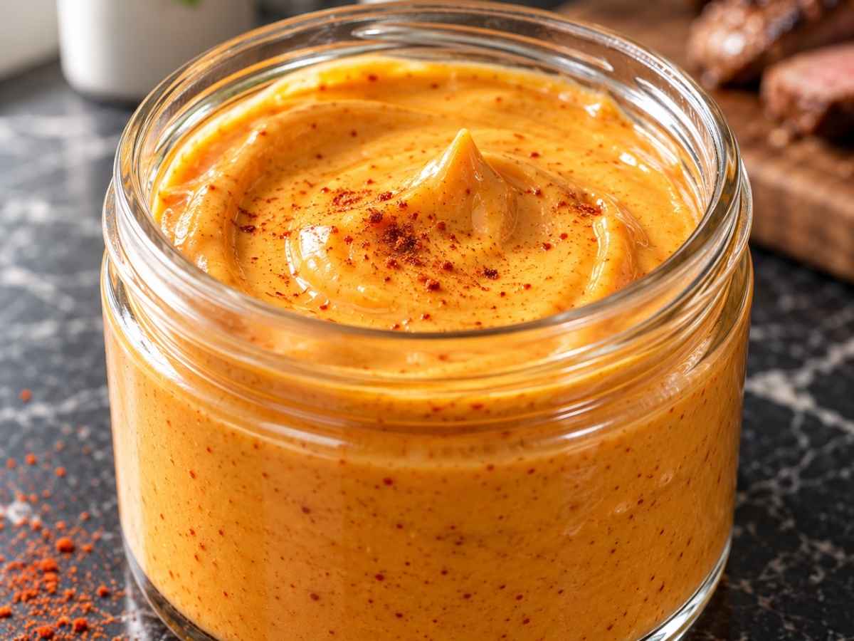 Tomaten-BBQ-Hollandaise 2 Nahaufnahme der cremigen Tomaten-BBQ-Hollandaise mit Rauchpaprika