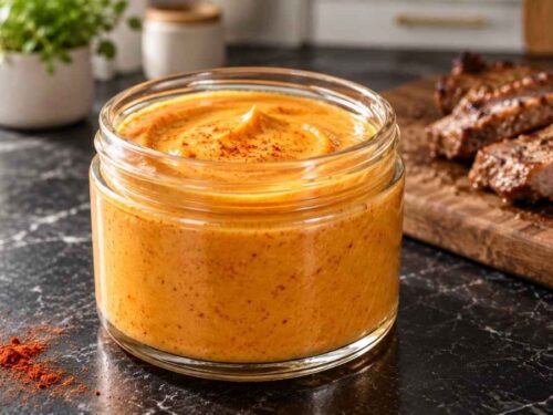 Tomaten-BBQ-Hollandaise in Schüssel neben gegrilltem Fleisch und Gemüse