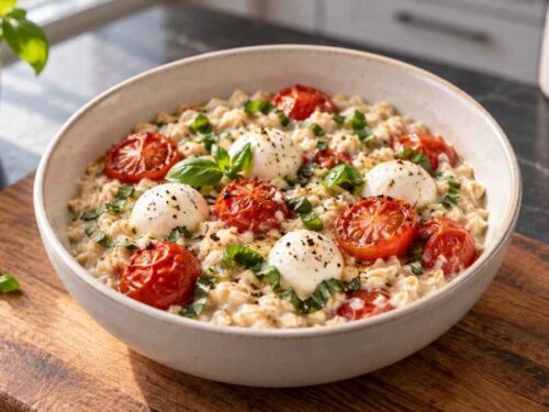 Tomaten-Basilikum-Porridge in vier Schüsseln mit gebratenen Cherrytomaten, Mini-Mozzarella und frischem Basilikum