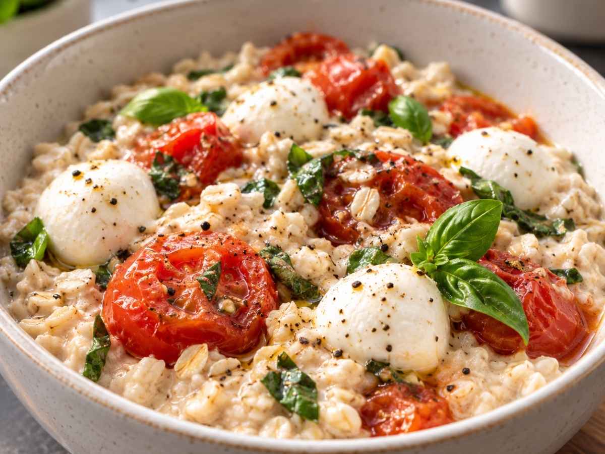 Nahaufnahme von Tomaten-Basilikum-Porridge mit aufgeplatzten Cherrytomaten, anschmelzendem Mozzarella und gehacktem Basilikum