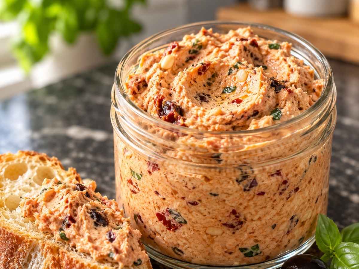 Tomaten-Dip 2 Nahaufnahme vom cremigen, orangeroten Tomaten-Dip mit frischem Basilikumblatt und gerösteten Pinienkernen obendrauf