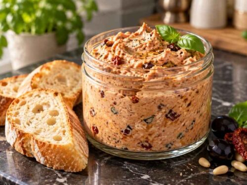Tomaten-Dip mit Frischkäse in einer Schale, daneben Baguettescheiben, Gemüsesticks und Oliven auf dem Tisch