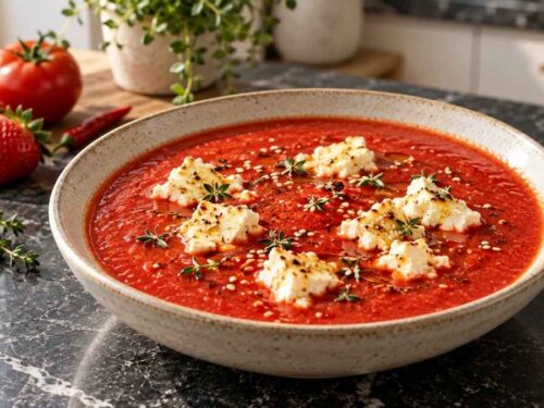 Tomaten-Erdbeer-Chili-Suppe mit Sesam-Feta serviert in Suppenschalen mit warmem, gebackenem Feta