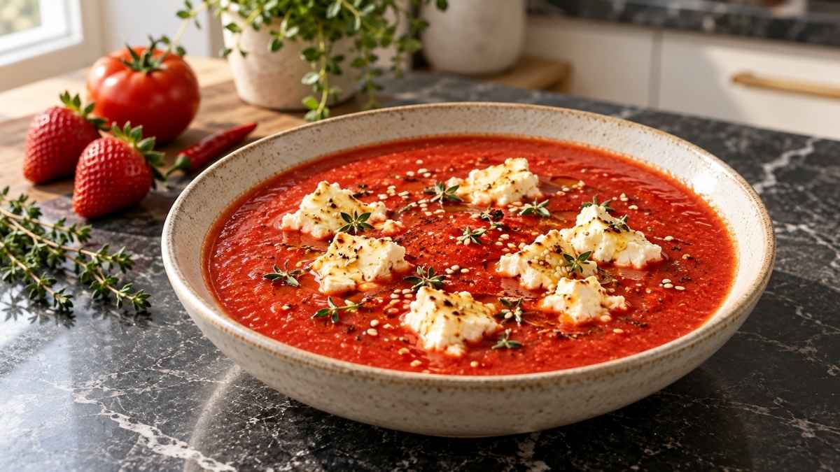 Tomaten-Erdbeer-Chili-Suppe mit Sesam-Feta